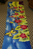 HIGH QUALITY HAND PAINTED TEXTILE FABRIC HALF SARONG OR BEACH SKIRT, SUMMER TABLE RUNNER, SIGNED BY THE ARTIST: DETAILED MOTIFS OF BLOOMING HIBISCUS & BUTTERFLIES ON BLUE SKY, RICH COLORS 74" x 23" (no SC13)