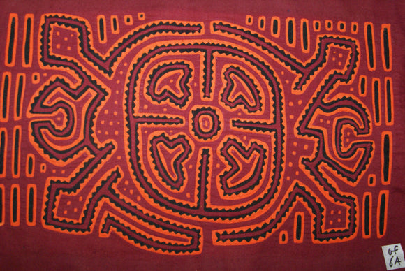 Kuna Indian Folk Art Mola Blouse Panel  from San Blas Island, Panama. Museum Quality Hand stitched Reverse Applique: Colorful  Abstract, Detailed, Stunning : Geometrics in Red Orange & Black  17” X 11” (6A)