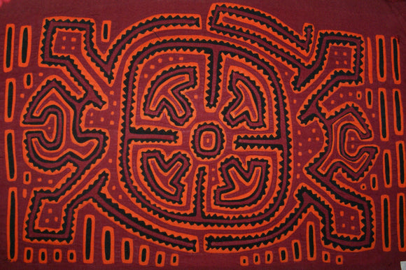 Kuna Indian Folk Art Mola Blouse Panel  from San Blas Island, Panama. Museum Quality Hand stitched Reverse Applique: Colorful  Abstract, Detailed, Stunning : Geometrics in Red Orange & Black  17” X 11,25” (6B)