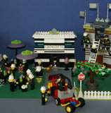 UNIQUE CUSTOM LEGO SET WITH 1905 PCS, 24 MINIFIGURES, 4 BUILDINGS: GRINGOTTS GOURMET CAFÉ WITH OUTDOOR TABLES & UMBRELLAS, CITY BANK, STORAGE BLD, PUBLIC BATHROOM, FIRE BRIGADE, TRUCKS, PLAYGROUND, GARDENS, MOTOCYCLES ETC (KIT 22)