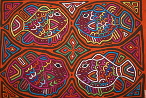 Kuna Indian Folk Art Mola Blouse Panel, Textile from San Blas Islands, Panama. Hand-stitched Reverse Applique: 4 Blow Fish, 18.5" x 13.25" (87A)