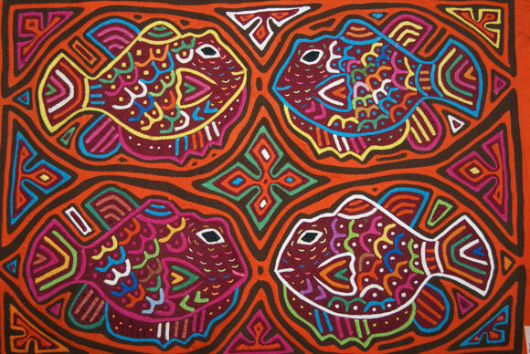 Kuna Indian Folk Art Mola Blouse Panel, Textile from San Blas Islands, Panama. Hand-stitched Reverse Applique: 4 Blow Fish, 18.5