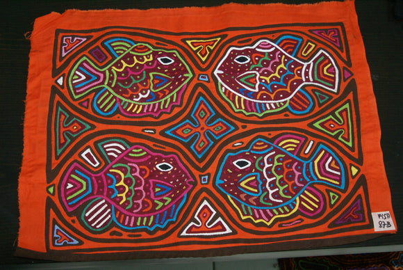 Kuna Indian Folk Art Mola Blouse Panel, Textile from San Blas Islands, Panama. Hand-stitched Reverse Applique: Geometric Abstract Motifs of 4 Blow Fish, 18.5