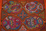 Kuna Indian Folk Art Mola Blouse Panel, Textile from San Blas Islands, Panama. Hand-stitched Reverse Applique: Geometric Abstract Motifs of 4 Blow Fish, 18.5" x 13.25" (87B)