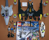 3 LEGO SETS, D.C UNIVERSE SUPER HEROES: BATWING JETPLANE, CATWOMAN JET & AMPHIBIAN POLICE CAR, PLUS 6 HIGHLY COLLECTIBLE NOW RARE RETIRED MINIFIGURES: 2 BATMAN MFGS GREY & BLACK, CATWOMAN, JOKER, HENCHMAN, POLICE GUARD ETC. 287 PCS (KIT 32)