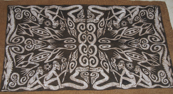 Rare Tapa Bark Cloth (Kapa in Hawaii), from Lake Sentani, Irian Jaya, Papua New Guinea. Hand painted by a Tribal Artist with natural pigments: Spiritual Stylized Warrior Weapons, Snakes, Crocodiles, Gecko Motifs & waves 30 1/2