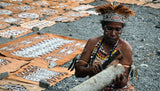 Rare Tapa Kapa Bark Cloth (Called Kapa in Hawaii), from Lake Sentani, Irian Jaya, Papua New Guinea. Hand painted by a Tribal Artist with natural pigments,: Abstract Geometric Stylized Shield Motifs 24" x 22" No 2
