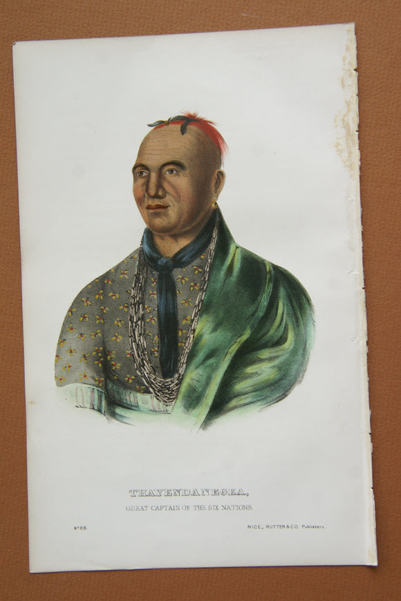 1848 Original Hand colored lithograph of THAYENDANEGEA, GREAT CAPTAIN OF THE SIX NATIONS, from the octavo edition, Plate no 86, of McKenney & Hall’s History of the Indian Tribes of North America