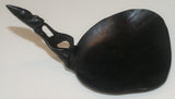 HAND CARVED ETHNIC TRIBAL BUFFALO HORN RICE OR LIME SCOOP, LARGE  SPOON USED DURING FESTIVITIES, RITES OF PASSAGE ETC... COLLECTED ON THE PREMISES IN THE LATE 20TH CENTURY, INDONESIA , ITEM 250C 8” X 4 1/2” PROTECTIVE ANCESTOR HANDLE.