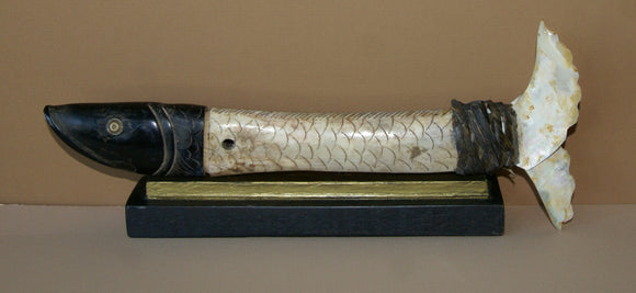 Vintage Timor Ethnic Authentic Tribal Lime Container (used during Betel Habit): Hand Etched Scrimshaw Scales on Buffalo Bone Large Fish Body with Mother Of Pearl Tail, Hand Carved Ebony Wood, comes with handcrafted base, gold and black BN43
