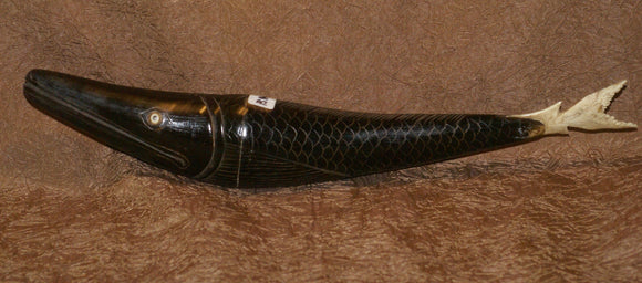 Timor Ethnic Authentic Lime Tribal Container, Unique & Rare Hand Carved Buffalo Horn & Bone receptacle Representing a Barracuda Fish (14