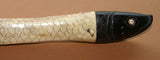 Vintage Timor Ethnic Authentic Tribal Lime Container (used during Betel Habit): Hand Etched Scrimshaw Scales on Buffalo Bone Large Fish Body with Mother Of Pearl Tail, Hand Carved Ebony Wood, comes with handcrafted base, gold and black BN49