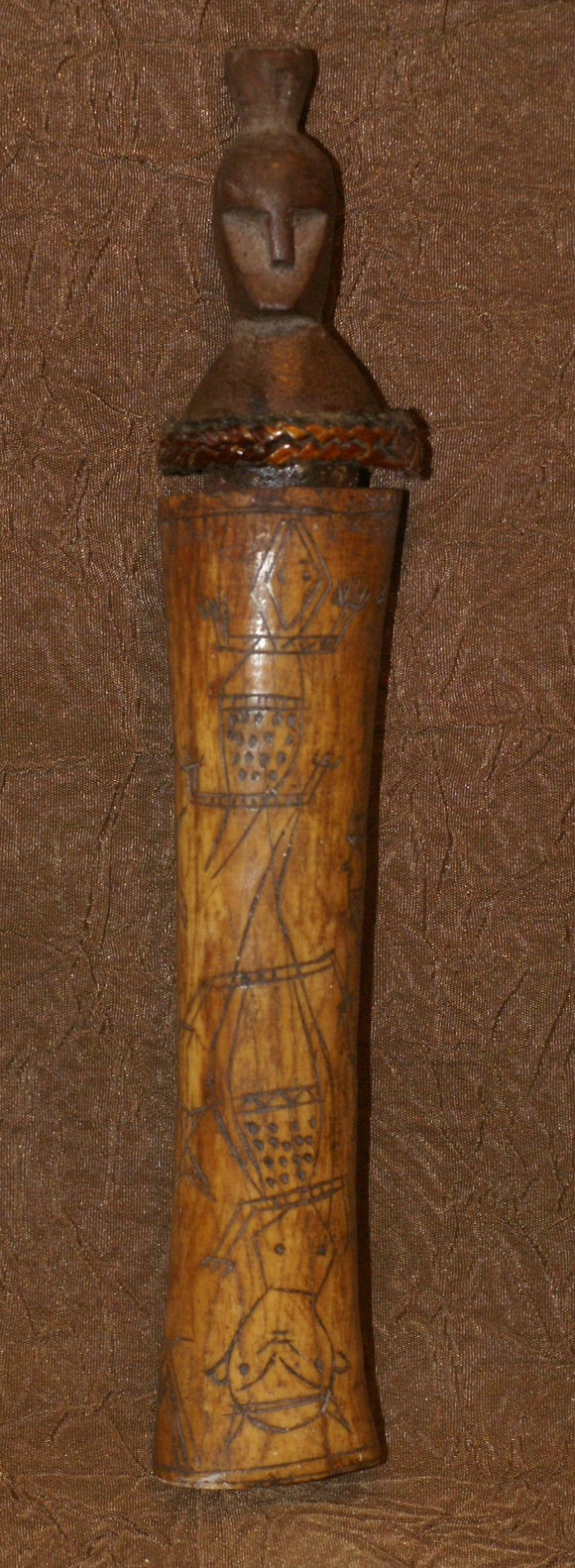 Old Unique Timorese Buffalo Bone Scrimshaw Hand Etched Lime Container, Ethnic Tribal  Flute Tube, Totem Effigy Motif with Hand Carved Wood Stopper Representing an Ancestor Face for Protection Against Evil, & used during the betel nut-lime habit. BN55