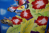 HIGH QUALITY HAND PAINTED TEXTILE FABRIC SARONG, PAREO, SHAWL, TABLECLOTH, SIGNED BY THE ARTIST: VIBRANT RED HIBISCUS AND BUTTERFLIES, SUPERB RICH COLORS 70" x 48" (no 1C)