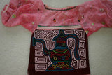 Kuna Indian Traditional Quilted Mola Blouse Panel from San Blas Islands, Panama. Hand Stitched Folk Art Applique: Colorful Tea  Kettle Motif in Labyrinth Maze 13" x 11" (2A)