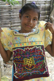 Kuna Indian Folk Art Mola blouse panel from San Blas Islands Panama. Hand Stitched Applique: Geometric Abstract Water Pitchers 17" x 12.25" (64B)