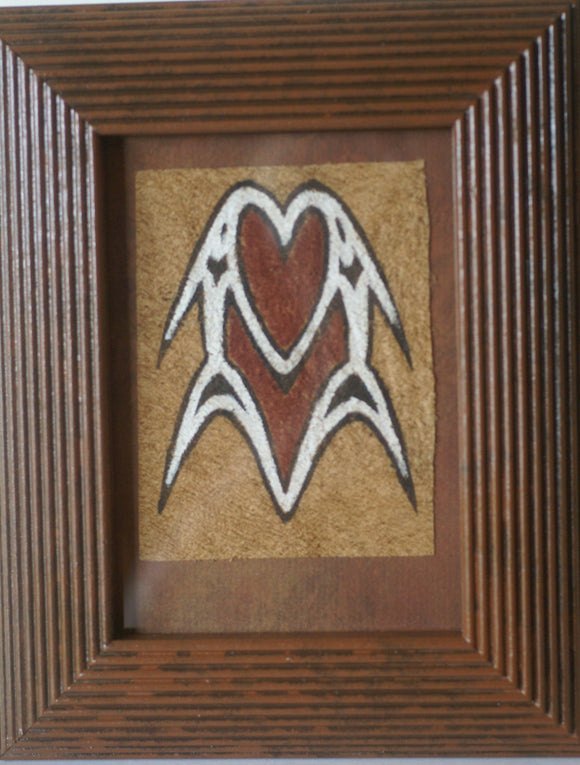 FRAMED Sentani Tapa Bark Cloth from Papua New Guinea. Handpainted with Natural Pigments by Tribal Artist: Stylized Abstract Dancing Fish Motif 10.25