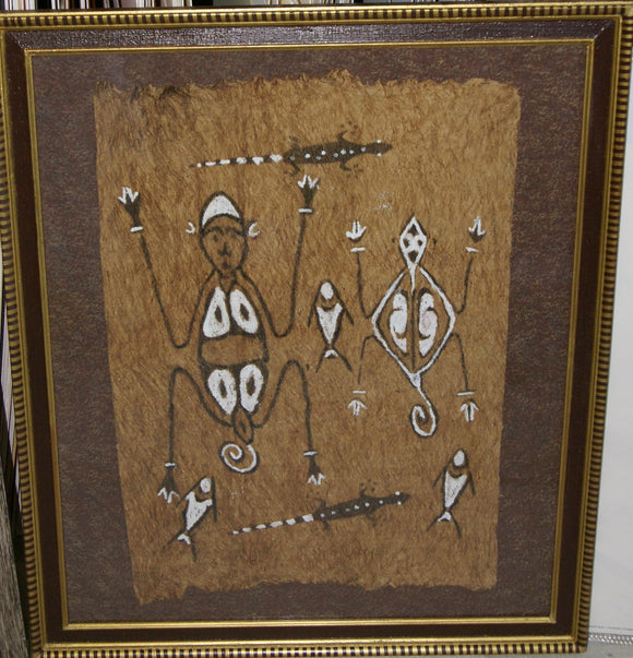 CUSTOM FRAMED Rare Tapa loin Bark Cloth (Kapa in Hawaii), from Lake Sentani, Irian Jaya, Papua New Guinea. Authentic, Hand Painted with Natural Pigments by a Tribal Artist, Abstract Stylized Motifs of Woman, Fish, Lizard Motifs 25.5