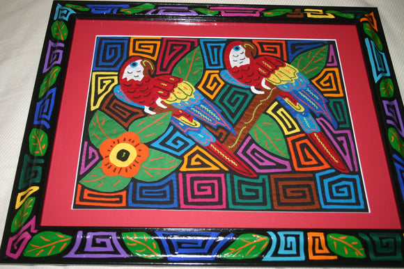 A Kuna Indian Folk Art Mola from San Blas Islands, in Custom Unique Hand Painted Signed Frame with red Mat: Hand stitched Textile Applique: Colorful Macaw Parrots & Hibiscus Flowers, 21.5