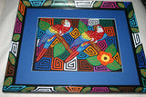 A Kuna Indian Folk Art Mola from San Blas Islands, in Custom Unique Hand Painted Signed Frame with  Blue Mat: Hand stitched Textile Applique: Colorful Macaw Parrot & Hibiscus Flowers, 23" x 18.5" (DFM19) Wall Decor