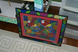 A Kuna Indian Folk Art Mola from San Blas Islands, in Custom Unique Hand Painted Signed Frame with red Mat: Hand stitched Textile Applique: Colorful Macaw Parrots & Hibiscus Flowers, 21.5" x 17" (DFM18) Wall Décor