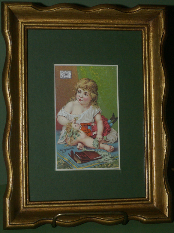 EPHEMERA AMERICANA WHIMSICAL ART: 1800's ANTIQUE VICTORIAN ADVERTISING TRADE CARD, FRAMED WITH STAND: PEARLINE SOAP, 