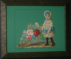 RARE EPHEMERA AMERICANA ANTIQUE WHIMSICAL ART 16 x 13” ORIGINAL 1880 LARGE VICTORIAN TRADE CARD AD DIE-CUT CHILD WHEELBARREL ROSES professionally framed in hand-painted detailed frame with 2 mats: DFPO2W WALL DÉCOR CUTE