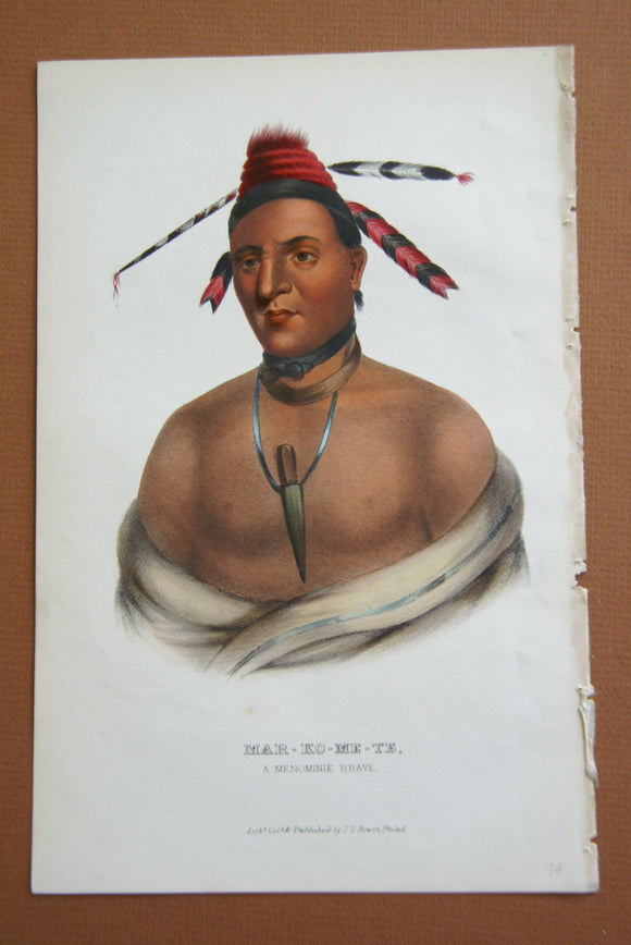 1848 Original Hand colored lithograph of  Mar-ko-me-te (Markomete), a Memonite brave from the first octavo edition of McKenney & Hall’s History of the Indian Tribes of North America