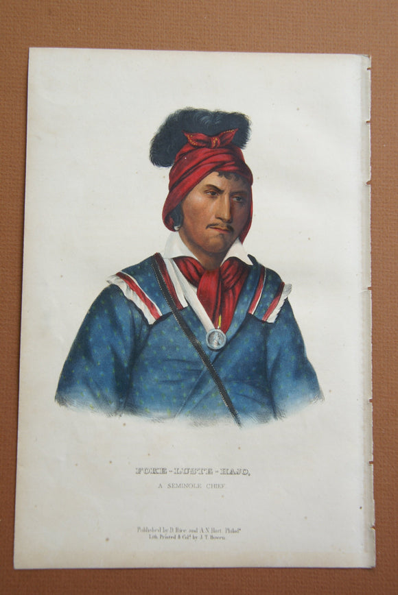 1855 Original Hand colored lithograph of FOKE-LUSTE-HAJO, A SEMINOLE CHIEF , from the octavo edition of McKenney & Hall’s History of the Indian Tribes of North America