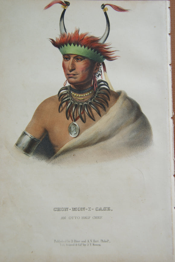 1855 Original Hand colored lithograph of  CHON-MON-I-CASE, (CHONMONICASE ), An Otto Half Chief, from the octavo edition of McKenney & Hall’s History of the Indian Tribes of North America