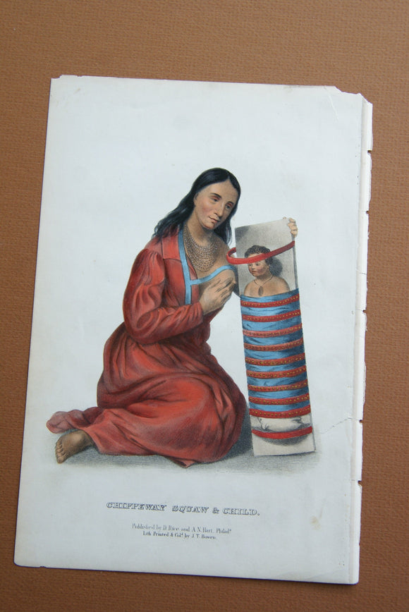 1855 Original Hand colored lithograph of CHIPPEWAY SQUAW & CHILD, from the octavo edition of McKenney & Hall’s History of the Indian Tribes of North America