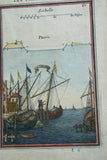 1684 AUTHENTIC ORIGINAL ANTIQUE HAND COLORED COPPERPLATE ENGRAVING FROM “Les travaux de Mars ou L’art de la Guerre” A STUDY OF FORTIFICATIONS, BY ALLAIN MANESSON MALLET, ENGINEER FOR LOUIS XIV, boats in harbor.