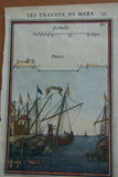 1684 AUTHENTIC ORIGINAL ANTIQUE HAND COLORED COPPERPLATE ENGRAVING FROM “Les travaux de Mars ou L’art de la Guerre” A STUDY OF FORTIFICATIONS, BY ALLAIN MANESSON MALLET, ENGINEER FOR LOUIS XIV, boats in harbor.
