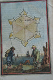 1684 AUTHENTIC ORIGINAL ANTIQUE HAND COLORED COPPERPLATE ENGRAVING FROM “Les travaux de Mars ou L’art de la Guerre” A STUDY OF FORTIFICATIONS, BY ALLAIN MANESSON MALLET, ENGINEER FOR LOUIS XIV, FORT DESIGNS, DOGEN, PEOPLE, BOATS.