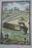 1684 AUTHENTIC ORIGINAL ANTIQUE HAND COLORED COPPERPLATE ENGRAVING FROM “Les travaux de Mars ou L’art de la Guerre” A STUDY OF FORTIFICATIONS, BY ALLAIN MANESSON MALLET, ENGINEER FOR LOUIS XIV, SECTION OF WALL, REMPART, PEOPLE.
