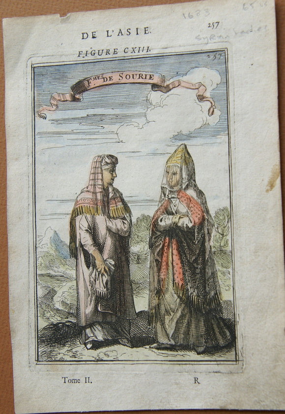 1683 AUTHENTIC ORIGINAL ANTIQUE HAND COLORED COPPERPLATE ENGRAVING BY ALLAIN MANESSON MALLET, UNDER LOUIS XIV, FROM HIS NOW RARE PUBLICATION OF “DESCRIPTION OF THE UNIVERSE” (Description de l’Univers) OF SYRIAN LADIES