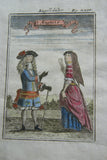 1683 AUTHENTIC ORIGINAL ANTIQUE HAND COLORED COPPERPLATE ENGRAVING BY ALLAIN MANESSON MALLET, UNDER LOUIS XIV, FROM HIS NOW RARE PUBLICATION OF “DESCRIPTION OF THE UNIVERSE” (Description de l’Univers) ANGLOIS, ENGLISH COUPLE