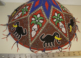 Vintage, Now Rare, Ceremonial Conical Coolie Sun Hat, Hand Beaded Minute Colorful Mosaic Motifs, Deer & Lotus Flowers, Nassa Shells, 161A3, Collected in Sumatra, 1980’s but Older. Bride Price, Currency. 21” Tall Display Stand Included.