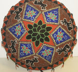 Vintage, Now Rare, Ceremonial Conical Coolie Sun Hat, Hand Beaded Minute Mosaic Motifs, Deer & Lotus Flowers, Nassa Shells, 161A2, Collected in Sumatra, 1980’s but Older. Bride Price, Currency. 21” Stand Included.nute Colorful