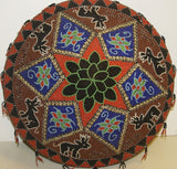 Vintage, Now Rare, Ceremonial Conical Coolie Sun Hat, Hand Beaded Minute Mosaic Motifs, Deer & Lotus Flowers, Nassa Shells, 161A2, Collected in Sumatra, 1980’s but Older. Bride Price, Currency. 21” Stand Included.nute Colorful