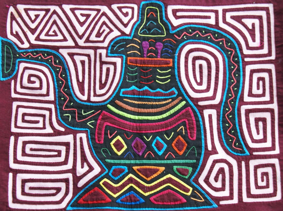 Kuna Indian Traditional Quilted Mola Blouse Panel from San Blas Islands, Panama. Hand Stitched Folk Art Applique: Colorful Tea  Kettle Motif in Labyrinth Maze 13