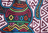 Kuna Indian Traditional Quilted Mola Blouse Panel from San Blas Islands, Panama. Hand Stitched Folk Art Applique: Colorful Tea  Kettle Motif in Labyrinth Maze 13" x 11" (2B)