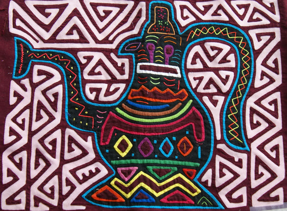 Kuna Indian Traditional Quilted Mola Blouse Panel from San Blas Islands, Panama. Hand Stitched Folk Art Applique: Colorful Tea  Kettle Motif in Labyrinth Maze 13