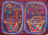 Kuna Indian Folk Art Mola Blouse Panel  from San Blas Island, Panama. Museum Quality Hand stitched Reverse Applique: Colorful  Abstract, Detailed, Stunning : Flowers in Baskets.  Huge 17 1/4” X 13” (21B)