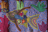 Kuna Indian Folk Art Mola Blouse Panel from San Blas Island, Panama. Museum Quality Hand stitched Reverse Applique: Colorful, Detailed: Stunning Coral Reef Fish in Labyrinth Maze, black white red orange. 15 1/2” X 12” (103B)
