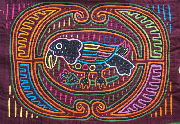 Kuna Indian Folk Art Mola Blouse Panel from San Blas Island, Panama. Museum Quality Hand stitched Reverse Applique: Colorful Detailed  of Parrot & flower  16