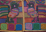 Kuna Indian Folk Art Mola Blouse Panel  from San Blas Island, Panama. Museum Quality Hand stitched Reverse Applique: Colorful  Abstract, Detailed : Singing Birds  17” X 13” (3A)