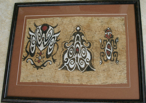 CUSTOM FRAMED Rare Tapa Kapa Bark Cloth (Called Kapa in Hawaii), from Lake Sentani, Irian Jaya, Papua New Guinea. Hand painted with natural pigments by a Tribal Artist: Abstract Geometric Stylized Insect Motifs  28