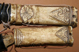 Timor Ethnic Authentic Tribal Lime Container ( used during Betel Habit), Vintage Hand Carved Buffalo Bone receptacles: Choice between 2 pieces with Scrimshaw motifs, 1 with hand Carved Wood Frog stopper and the other with Bird Lid. BN28A & B