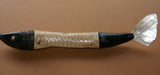Vintage Timor Ethnic Authentic Tribal Lime Container (used during Betel Habit): Hand Etched Scrimshaw Scales on Buffalo Bone Large Fish Body with Mother Of Pearl Tail, Hand Carved Ebony Wood, comes with handcrafted base, gold and black BN49